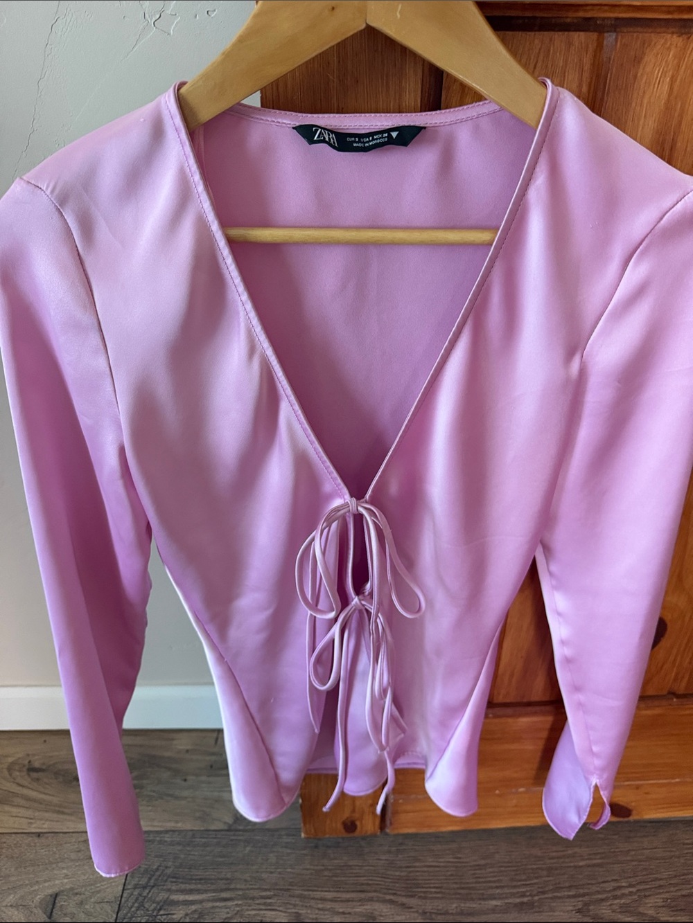 Zara Pink Satin Tie-Front Long Sleeve Blouse | Size S girly date night